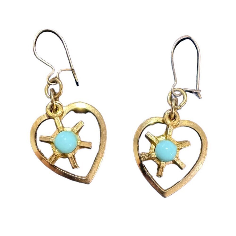 Vintage Gold Tone Blue Stone Heart Dangle Earrings Women’s